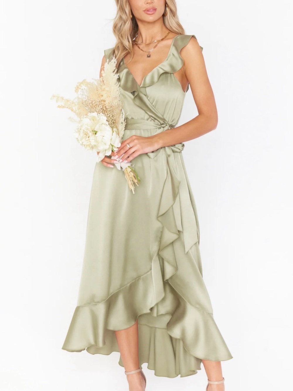 Satin Ruffle Wrap Dress in Sage Green